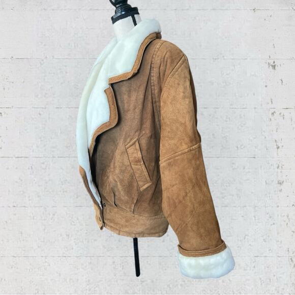 Vintage Karizma Brown Suede Leather Moto Jacket Faux Fur Shearling Size L - Picture 5 of 11